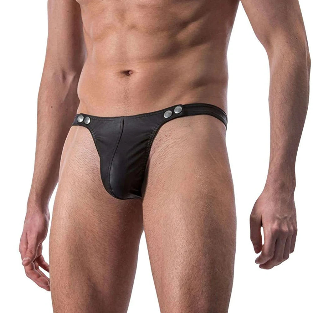 Man's Underwear Slip Sexy Thong String PU Leather Breathable Gay